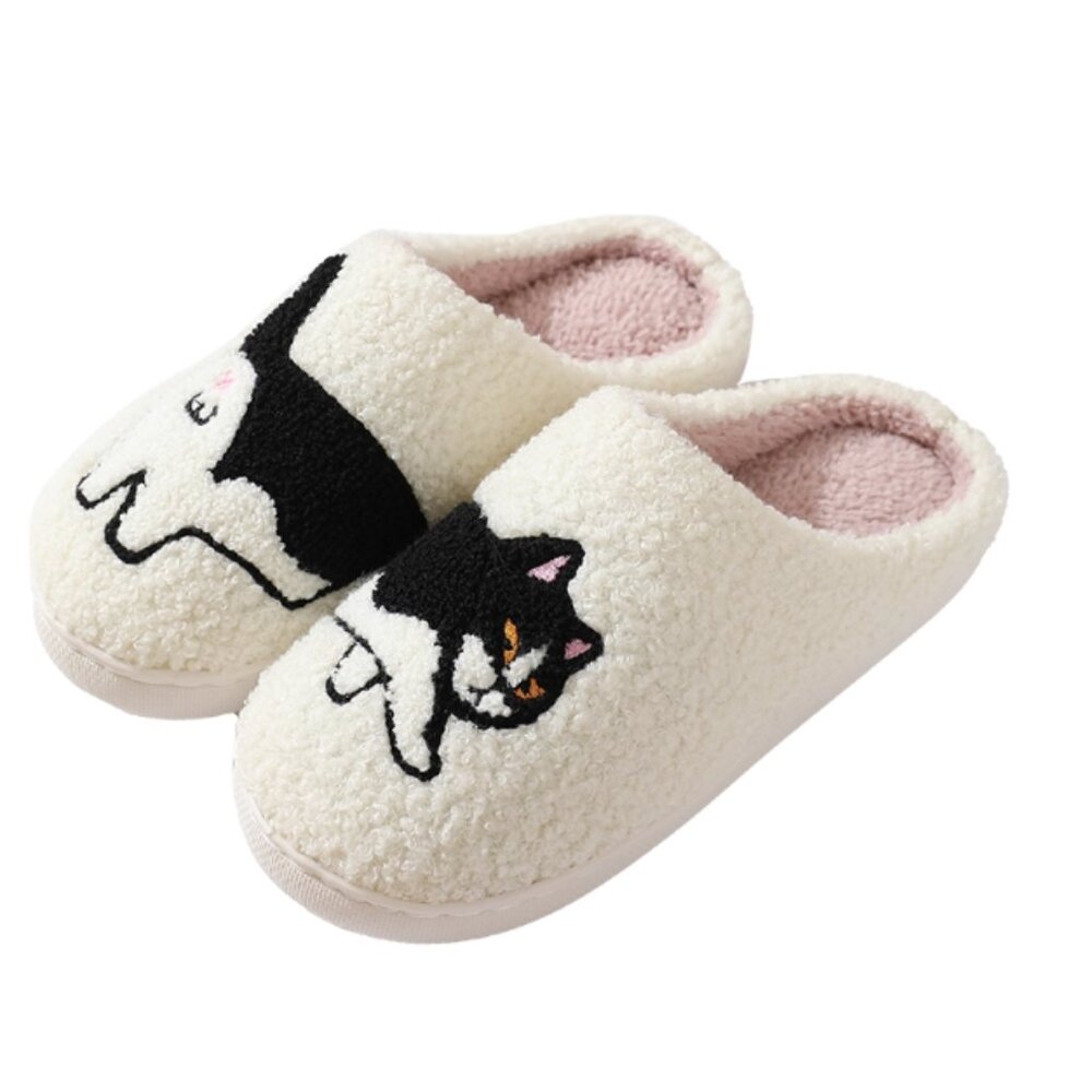 Funny Tuxedo Cat Slippers for Women Men Winter House Shoes Fluffy Bedroom Slides